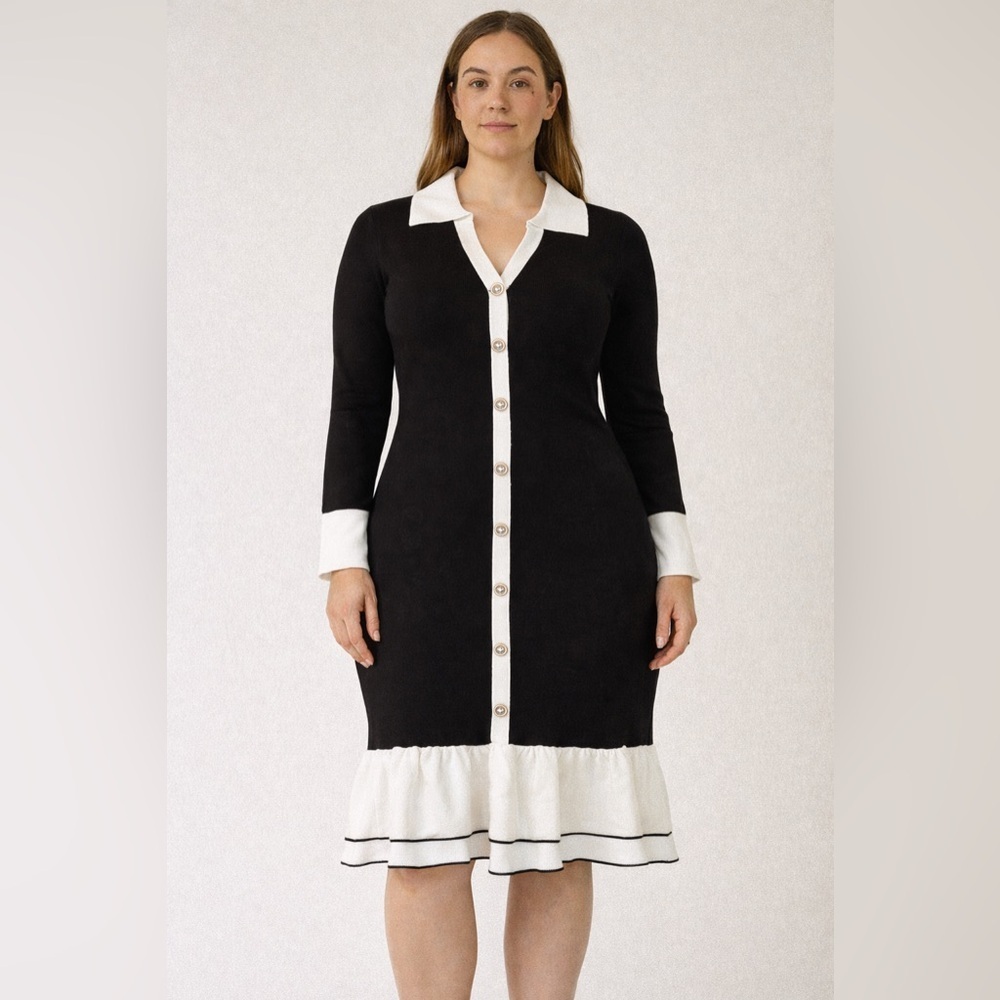 A. Peach Boutique Brand Ruffle Hem Black and White Button-Down Dress New